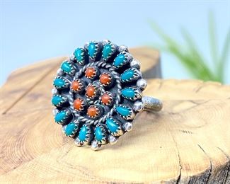 Vintage Sterling Silver Cluster Ring with Turquoise & Coral sz. 5.5