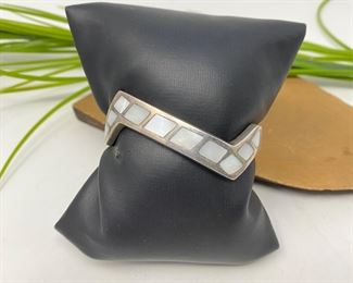 Vintage Mother of Pearl Cuff Bracelet Solid Sterling Silver Sz. X Small