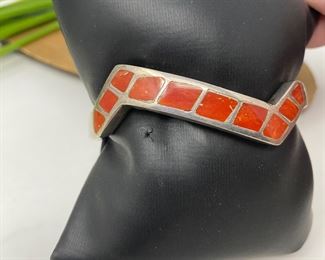  Vintage Coral Cuff Bracelet Solid Sterling Silver Sz. Small