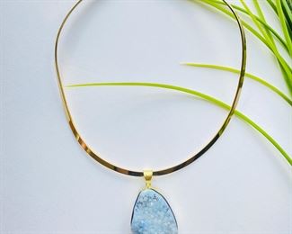 Blue Quartz Druzy Crystal Pendant Gold Tone Necklace