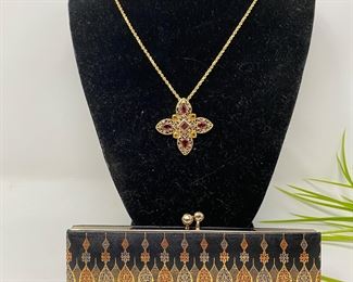 10k Yellow Gold Byzantine Cross Garnet & Citrine Gemstones on Chain & Italian Leather & Gold Leaf Coin Purse