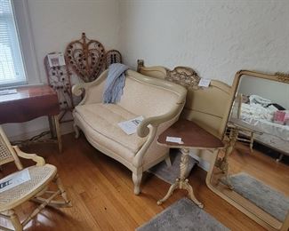 Rattan rocker, vintage headboard & wall mirror, settee, from side table, triangle side table, Rattan Peacock twin Headboards x 2