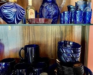 Vintage Cobalt blue depression glass dishes and mugs, Cobalt Blue Cut to Clear Pitcher