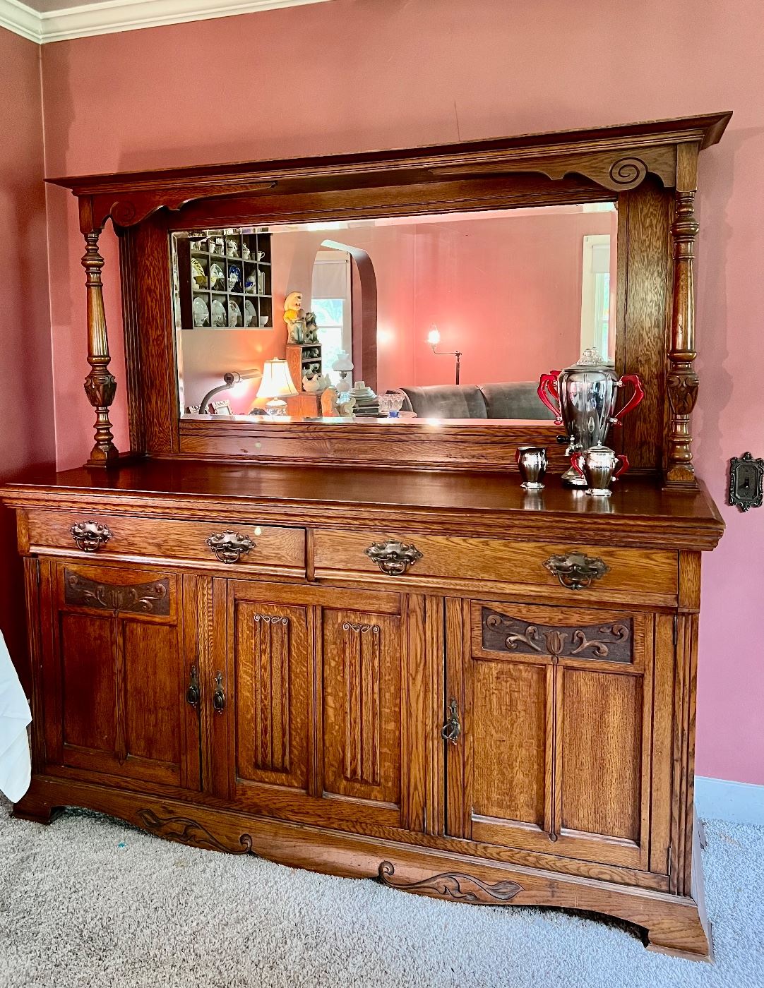Antique carved sideboard buffet cabinet with mirror back purchased from an old historical southern mansion