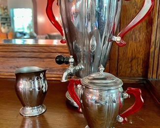 Vintage coffee/tea set. Silver chrome with red handles 