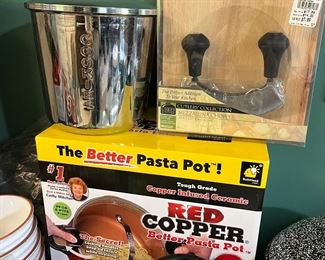RED COPPER PASTA POT, STAINLESS COOKIE JAR