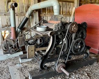 Vintage Belsaw Sawmill including track and bed, propane engine, planer, saw & belts. Must disassemble and haul 