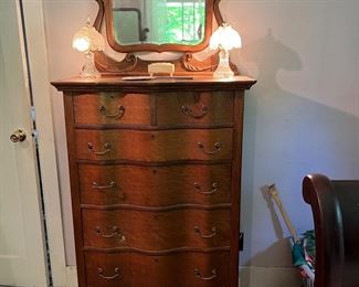 Antique Serpentine front 6 drawer highboy chest with mirror
