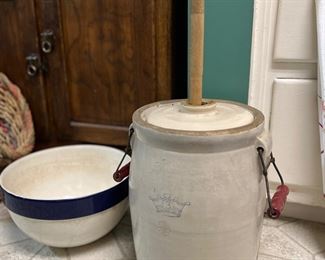 3 gallon butter churn crock with lid and wooden dasher