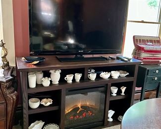 TV, FIREPLACE TV STAND AND MILK GLASS COLLECTION