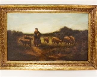 1003	ANTIQUE OIL PAINTING ON CANVAS OF WOMAN IN FIELD W/SHEEP, ARTIST SIGNED LOWER LEFT, APPROXIMATELY 16 IN X 22 IN OVERALL
