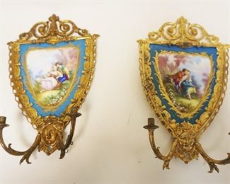 1007	ANTIQUE GILT BRASS & TILE WALL SCONCES, APPROXIMATELY 14 IN HIGH
