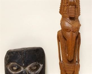 1009	LOT 2 CARVED ETHNIC PIECES, TALL ELEPHANT HEAD FIGURE & MASK, FIGURE APPROXIMATELY 29 IN HIGH, MASK APPROXIMATELY 12 IN
