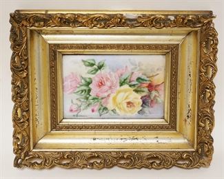 1008	ANTIQUE HAND PAINTED TILE OF FLOWERS IN GILT FRAME, ARTIST SIGNED & DATED, LOSS TO FRAME, APPROXIMATELY 9 IN X 10 1/2 IN

