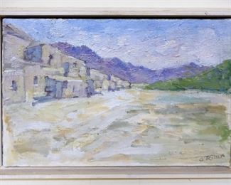 1021	OIL PAINTING ON CANVAS *TAOS PUEBLO* SIGNED BRUCE STASINK, APPROXIMATELY 10 IN X 13 IN OVERALL
