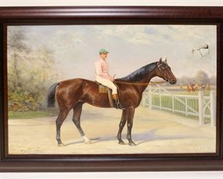 1023	ANTIQUE OIL PAINTING ON CANVAS JOCKEY ON HORSE SIGNED J GRANT 92 NISUS, DAMAGE TO CANVAS TOP RIGHT, APPROXIMATELY 29 1/2 IN X 24 IN OVERALL
