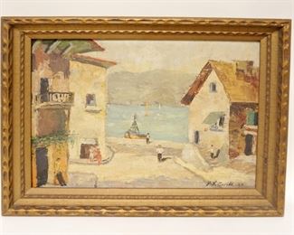 1024	OIL PAINTING ON BOARD VILLAGE SHORE SCENE, SIGNED & DATED LOWER RIGHT, APPROXIMATELY 20 IN X 24 IN OVERALL
