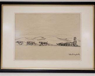 1039	ROBERT MAYOKOK PEN & INK DRAWING OF ESKIMO & DOG SLED TEAM, APPROXIMATELY 11 1/4 IN X 14 1/4 IN OVERALL
