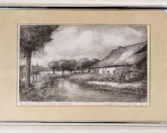1044	ARTIST SIGNED ENGRAVING COTTAGE ALONG STREAM, APPROXIMATELY 12 1/2 IN X 16 1/2 IN OVERALL
