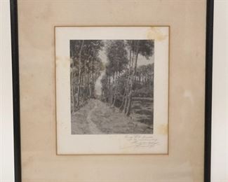 1047	SIGNED ENGRAVING OF TREE LINES IN A FORREST, APPROXIMATELY 12 IN X 15 IN OVERALL
