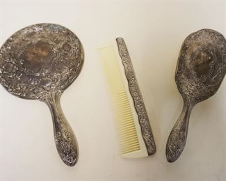 1053	3 PIECE VICTORIAN SILVER PLATE DRESSER SET, MIRROR, BRUSH & COMB
