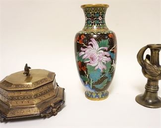 1059	LOT OF ASSORTED METAL ITEMS INCLUDING CLOISONNE VASE, COVERED OCTAGONAL BOX & CANDLESTICK
