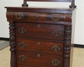 1082	NARROW EMPIRE MAHOGANY 5 DRAWER CHEST W/PAW FEET & CARVED COLUMNS, APPROXIMATELY 36 N X 25 IN X 75 IN
