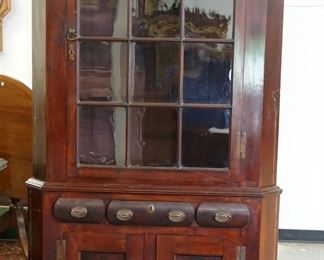 1083	ANTIQUE MAHOGANY 2 PART CORNER CUPBOARD W/12 INDIVIDUAL GLASS PANES, 1 DRAWER, APPROXIMATELY 42 IN WIDE X 22 IN DEEP X 87 IN HIGH

