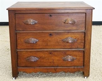 1087	WALNUT VICTORIAN 3 DRAWER CHEST W/LEAF CARVED PULLS, APPROXIMATELY 30 IN X 16 IN X 31 IN HIGH
