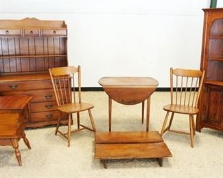 1115	ASSORTMENT OF MAPLE & PINE FURNITURE INCLUDING OPEN HUTCH, TABLE W/2 LEAVES, DOUGH BOX, 2 CHAIRS & ROLLING CART
