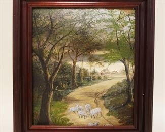 1144	OIL PAINTING ON BOARD FORREST W/SHEEP, SOME PAINT LOSS, APPROXIMATELY 22 IN X 26 IN OVERALL
