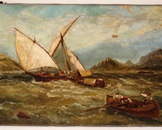 1145	ANTIQUE OIL PAINTING ON CANVAS SHIPS AT SEA DURING A STORM, DAMAGE TO CANVAS & PAINT LOSS, APPROXIMATELY 16 IN X 24 IN
