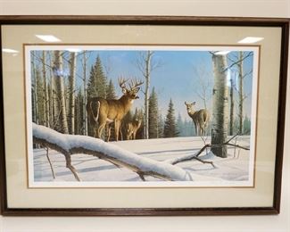 1147	GARY SORRELS SIGNED & NUMBERED PRINT OF DEER IN SNOW COVERED FORREST, 55/600, APPROXIMATELY 33 IN X 26 IN OVERALL
