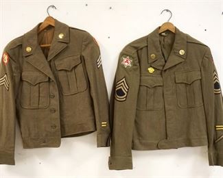 1174	2 US ARMY IKE FIELD JACKETS BOTH HAVE PINS & PATCHES, SIZE 34R & 36R, ONE HAS SMALL PIN HOLES IN THE BACK
