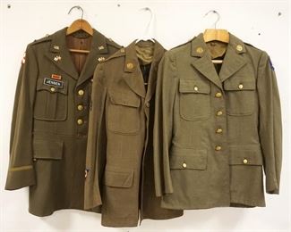 1178	LOT OF 3 US MILITARY COATS IN CLUDES LILLEY IMAGES CO SIZE UNKNOWN, HAS REPAIRS IN LINING, SIZE 38R ON BUTTON MISSING, & SIZE 38R
