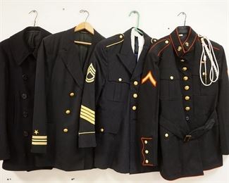 1180	LOT OF US MILITARY COATS INCLUDES ONE NAVY & 3 AIRFORCE ADLER SIZE 40L, DAVIS CLOTHING COMPANY W/PANTS & SUSPENDERS SIZE UNKNOWN & SIZE 46L
