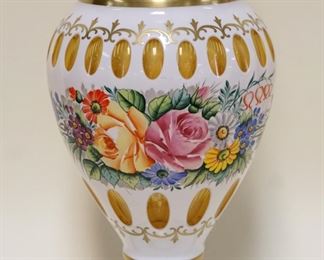 1230	OUTSTANDING FLORAL PAINT DECORATED VASE, AMBER CUT, APPROXIMATELY 17 IN HIGH
