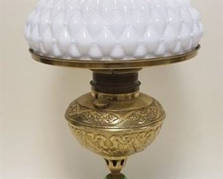 1234	VICTORIAN BRASS PARLOR LAMP WITH MILK GLASS SHADE AND ONYX BALL CENTER, LAMP ELECTRIFIED, APPROXIMATELY 21 IN H
