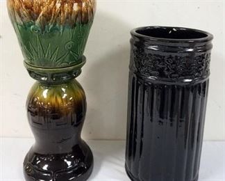 1233	MAJOLICA POT AND PEDESTAL WITH UMBRELLA STAND, POT AND PEDESTAL, DO NOT MATCH APPROXIMATELY 26 IN H
