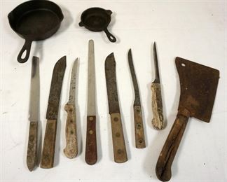 1252	LOT BUTCHER KNIVES, MEAT CLEAVER & CAST IRON PANS
