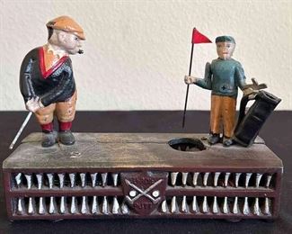 Painted Cast Iron Golfers Birdie Putt Mechanical Coin Bank
