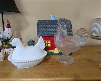 Milk glass and clear glass hens on nest