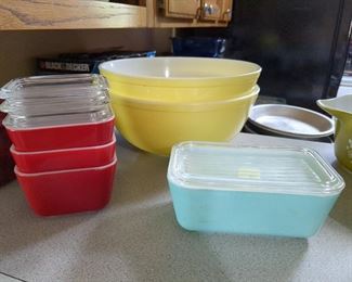 Vintage Pyrex bowls and refrigerator dishes
