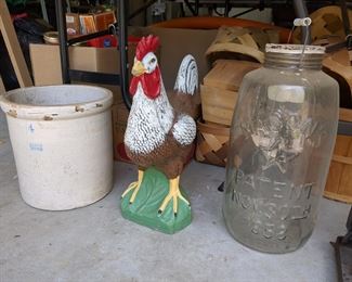 Large crock #4, tall rooster, and huge Mason's pickle jar