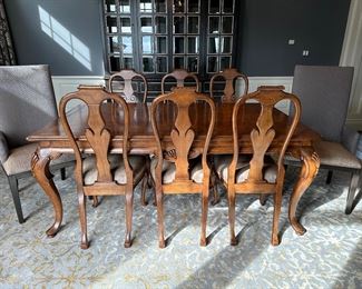 BAU FURNITURE BURL WALNUT DINING TABLE W/8 CHAIRS, LEAFS & PADS