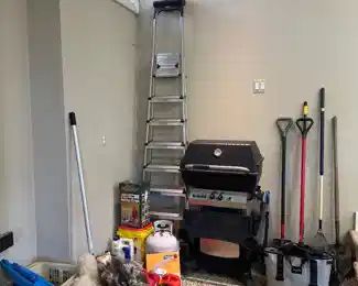 LADDER, BBQ GEILL, SHOVELS, RAKE, GAS CANS, LAUNDRY BASKETS