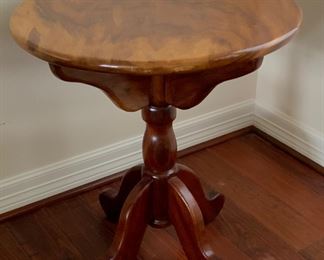 Vintage Empire Style Burl Top Table on Turn Pedestal with 4 Scroll Feet (27”H x 25”D)