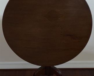 Viewof Previous Table Tilted: Antique English Mahogany Tilt Top Tripod Table on Pad Feet. (29”H x 38”D)