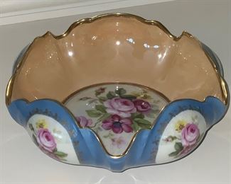 RS Germany Porcelain Roses Bowl with Luster interior Hand Decorated with Gold Accents.  Scalloped Edge with Rose Medallions.  (9”D)