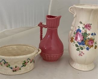 Japan Oval Hand Painted Floral Basket (6”), Pink Glazed Ceramic Ewer with Rope Pattern Handle (7.5”) and Depression Era USA Rose Decal Ceramic Vase (8”) 